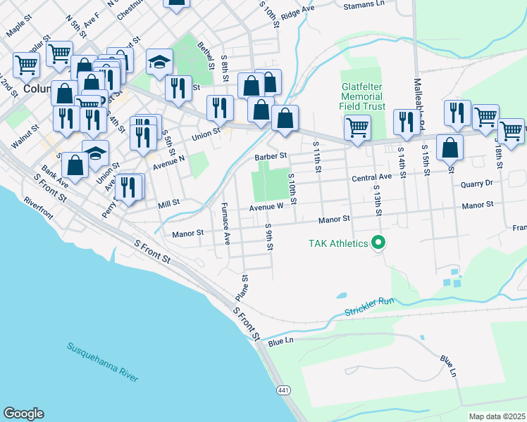 map of restaurants, bars, coffee shops, grocery stores, and more near 640 South 9th Street in Columbia