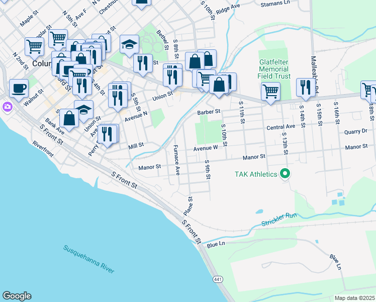 map of restaurants, bars, coffee shops, grocery stores, and more near 643 Plane Street in Columbia