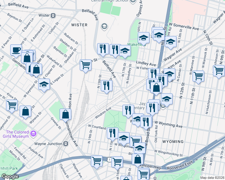 map of restaurants, bars, coffee shops, grocery stores, and more near 1732 Wagner Avenue in Philadelphia