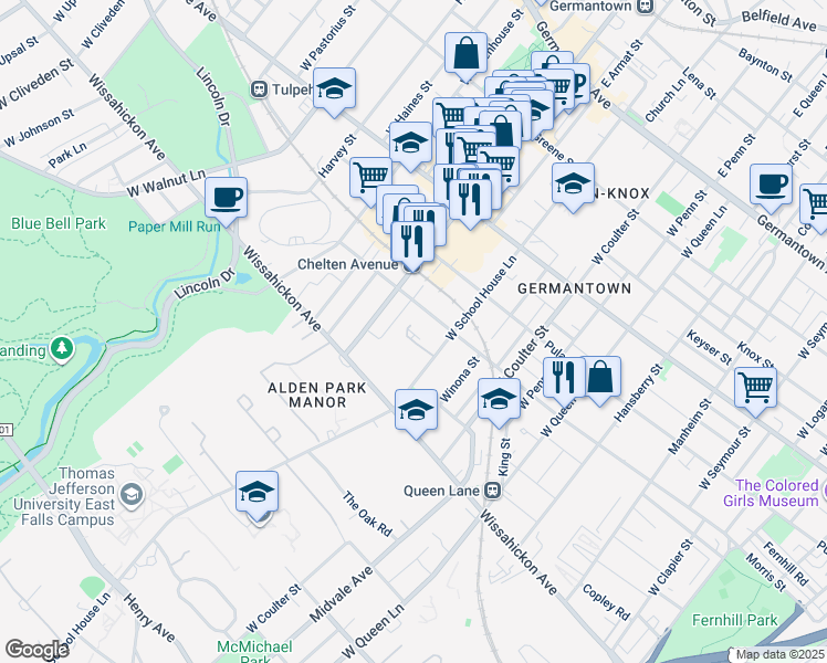 map of restaurants, bars, coffee shops, grocery stores, and more near 421 West School House Lane in Philadelphia
