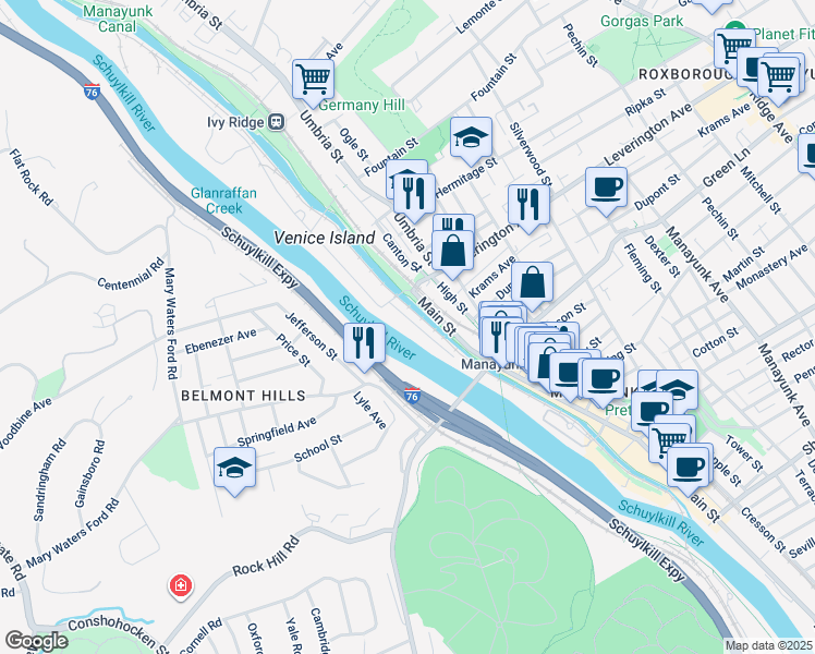 map of restaurants, bars, coffee shops, grocery stores, and more near 4566 Riverside Way in Philadelphia