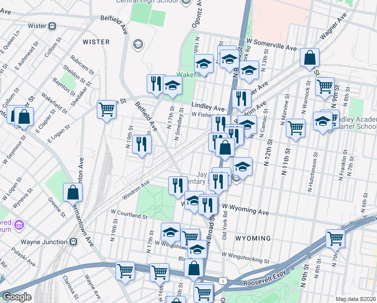 map of restaurants, bars, coffee shops, grocery stores, and more near 4840 North Sydenham Street in Philadelphia