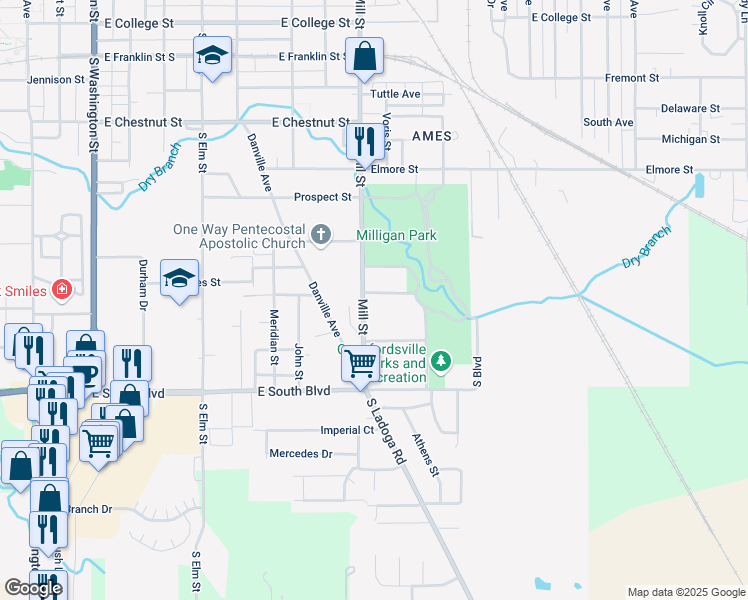 map of restaurants, bars, coffee shops, grocery stores, and more near 1208 Mill Street in Crawfordsville