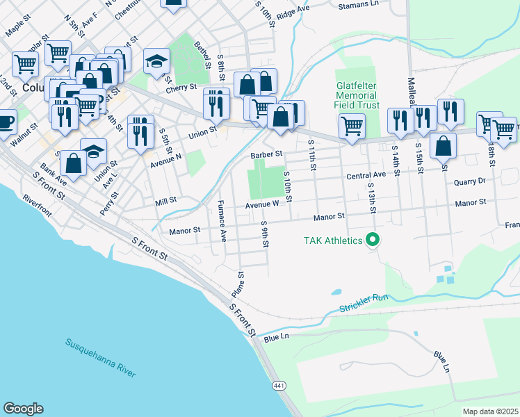 map of restaurants, bars, coffee shops, grocery stores, and more near 640 South 9th Street in Columbia