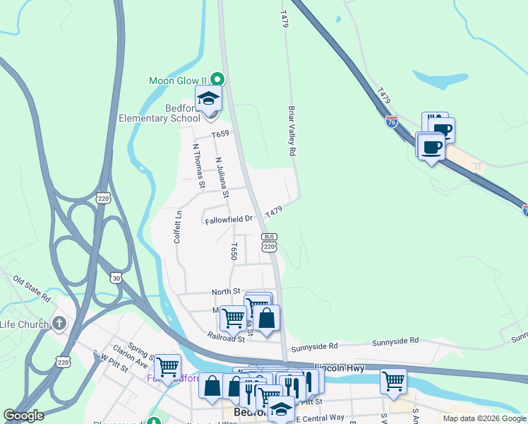 map of restaurants, bars, coffee shops, grocery stores, and more near 101-131 Fallow Field Dr in Bedford