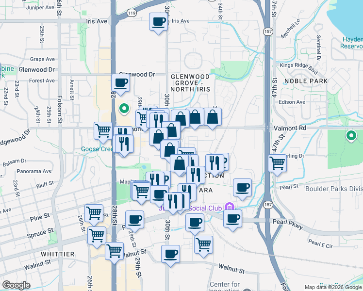 map of restaurants, bars, coffee shops, grocery stores, and more near 3129 Bluff Street in Boulder