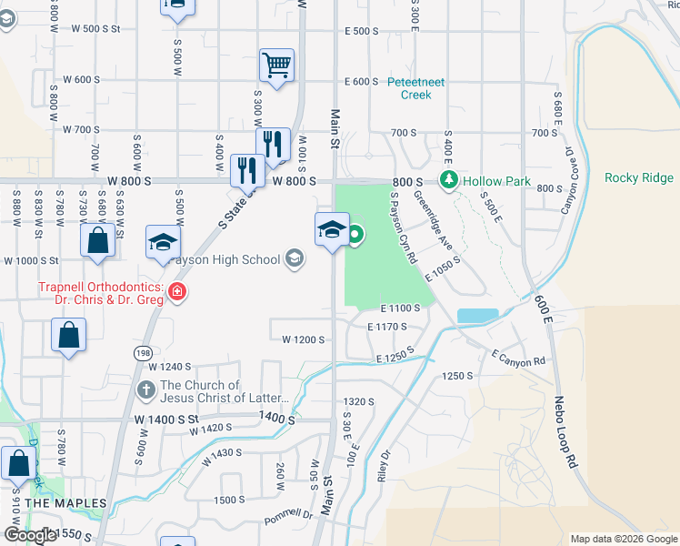 map of restaurants, bars, coffee shops, grocery stores, and more near 1095 South Main Street in Payson