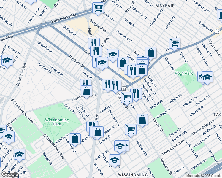 map of restaurants, bars, coffee shops, grocery stores, and more near 6217 Frankford Avenue in Philadelphia