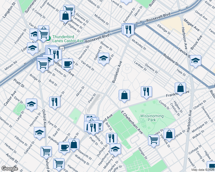map of restaurants, bars, coffee shops, grocery stores, and more near 5819 Bustleton Avenue in Philadelphia