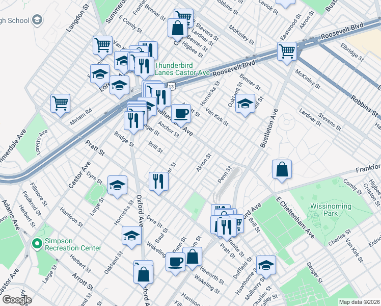 map of restaurants, bars, coffee shops, grocery stores, and more near 5347 Sylvester Street in Philadelphia