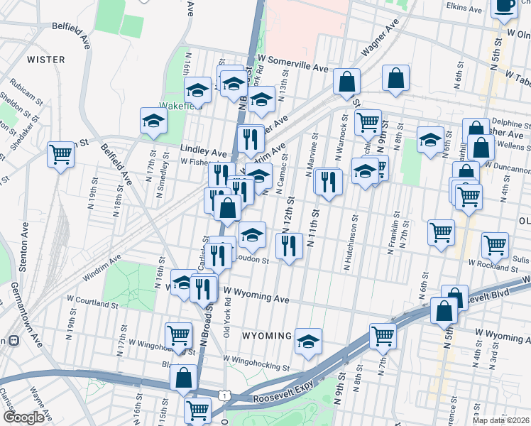 map of restaurants, bars, coffee shops, grocery stores, and more near 4907 North Camac Street in Philadelphia