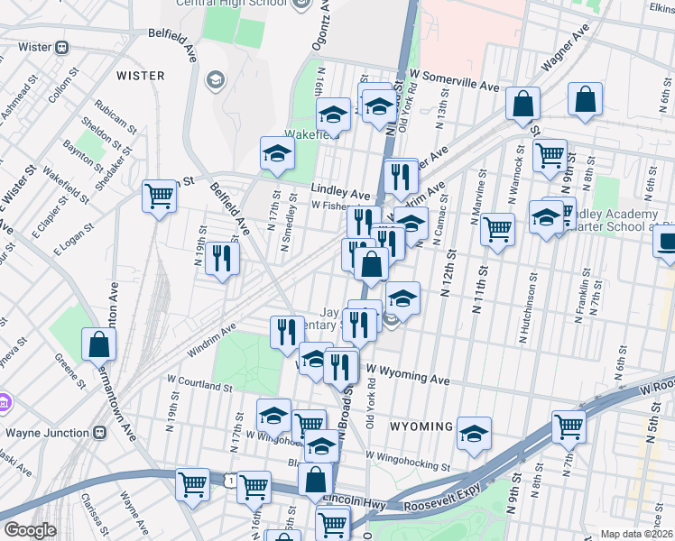 map of restaurants, bars, coffee shops, grocery stores, and more near 1428 West Rockland Street in Philadelphia