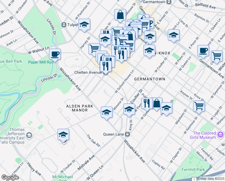 map of restaurants, bars, coffee shops, grocery stores, and more near 413 West School House Lane in Philadelphia