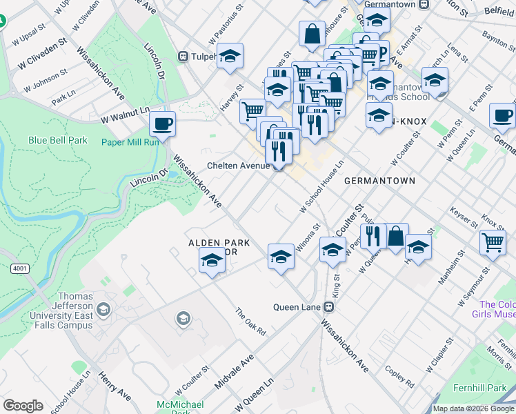 map of restaurants, bars, coffee shops, grocery stores, and more near 450 West Woodlawn Street in Philadelphia