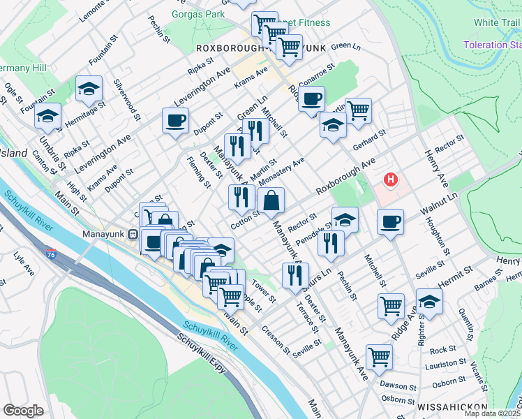 map of restaurants, bars, coffee shops, grocery stores, and more near 254 Roxborough Avenue in Philadelphia