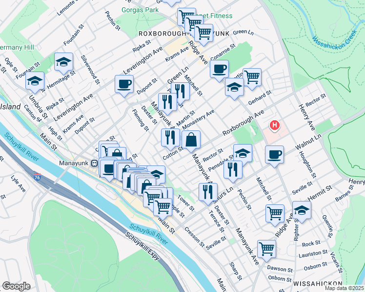 map of restaurants, bars, coffee shops, grocery stores, and more near 254 Roxborough Avenue in Philadelphia