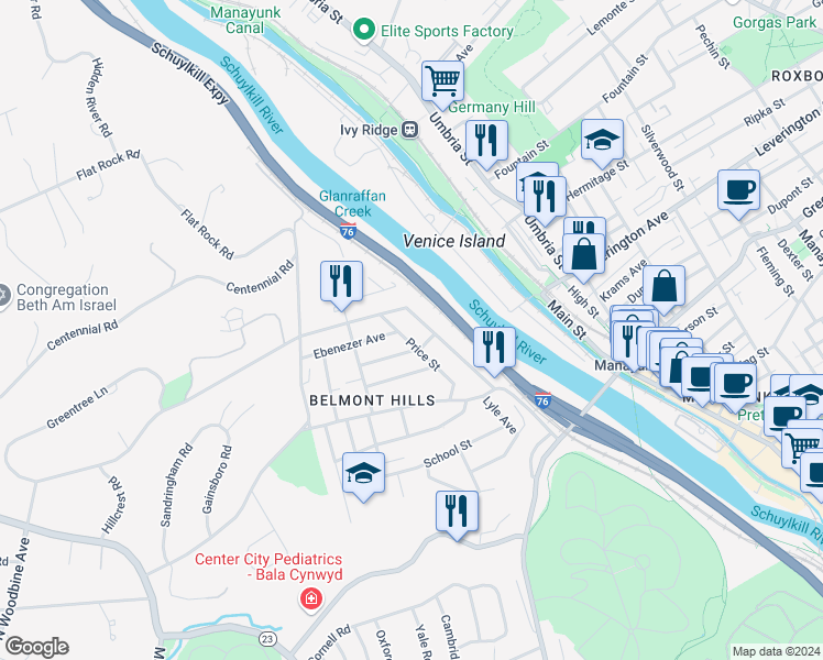 map of restaurants, bars, coffee shops, grocery stores, and more near 101 Rockland Avenue in Bala Cynwyd