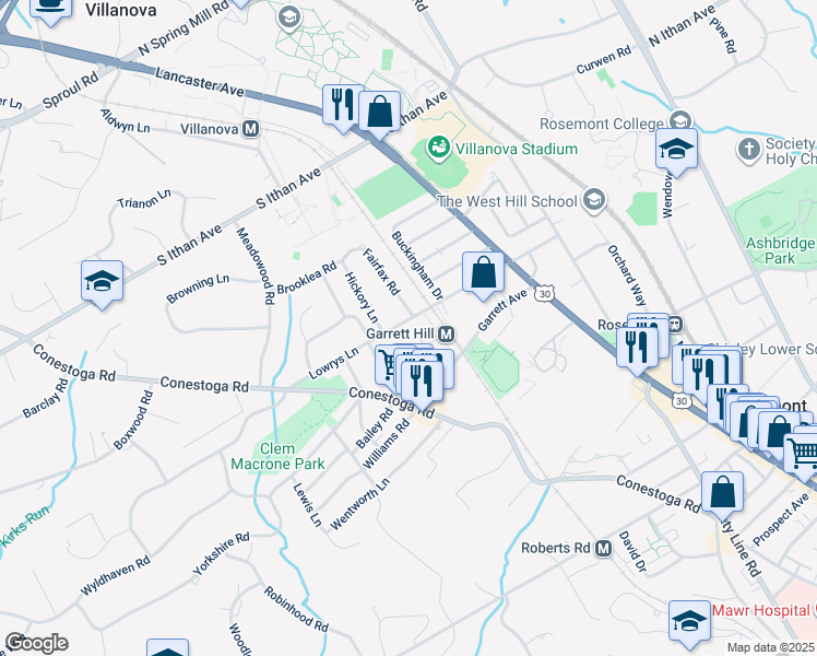 map of restaurants, bars, coffee shops, grocery stores, and more near 123 Lowrys Lane in Bryn Mawr