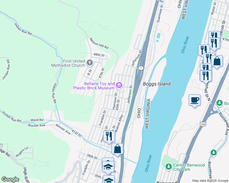 map of restaurants, bars, coffee shops, grocery stores, and more near 4505 Harrison Street in Bellaire