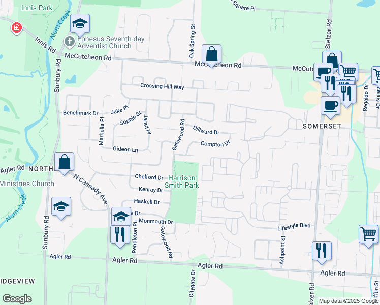 map of restaurants, bars, coffee shops, grocery stores, and more near 3355 Bodman Drive in Columbus