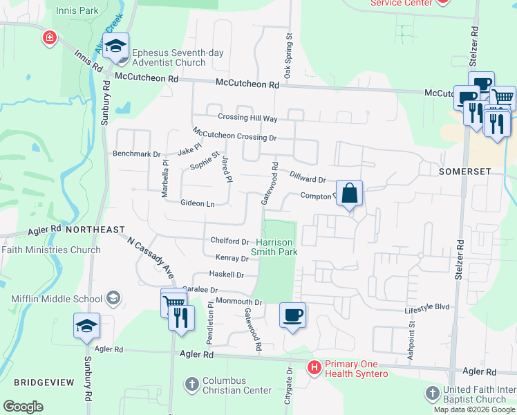 map of restaurants, bars, coffee shops, grocery stores, and more near 2718 Gatewood Road in Columbus