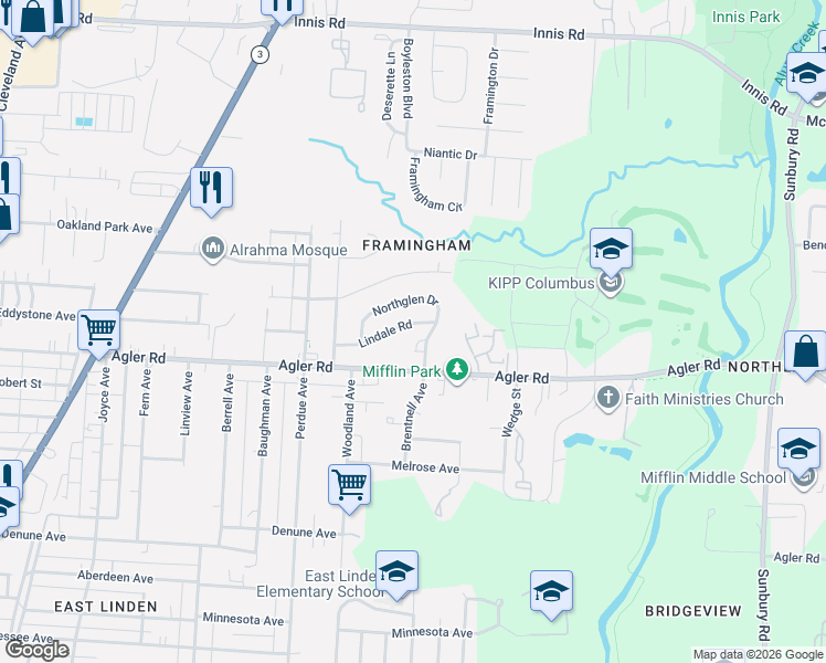 map of restaurants, bars, coffee shops, grocery stores, and more near 2852 Northglen Drive in Columbus