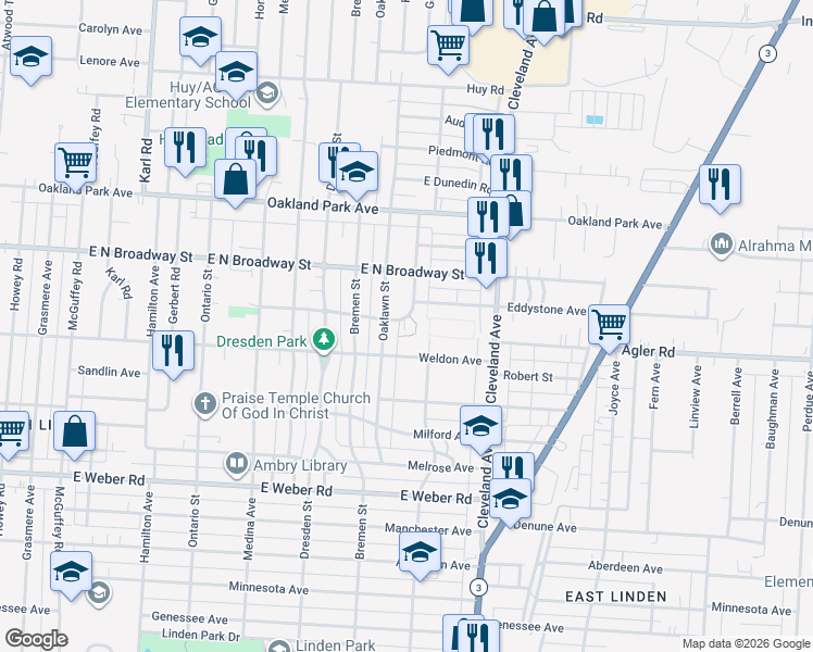 map of restaurants, bars, coffee shops, grocery stores, and more near 1652 Weldon Avenue in Columbus