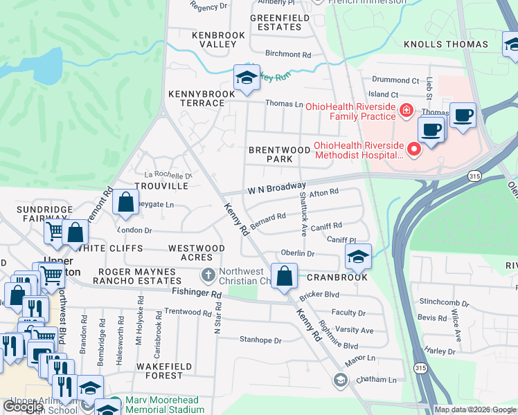 map of restaurants, bars, coffee shops, grocery stores, and more near 1106 Bernard Road in Columbus