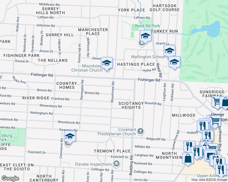 map of restaurants, bars, coffee shops, grocery stores, and more near 2144 Riverhill Road in Columbus