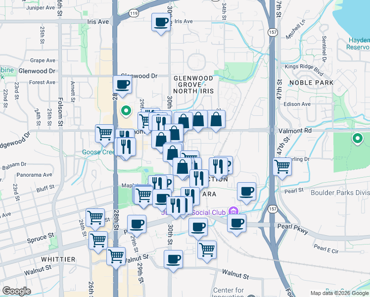 map of restaurants, bars, coffee shops, grocery stores, and more near 3119 Bluff Street in Boulder