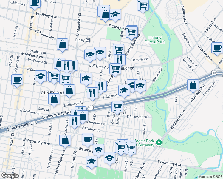 map of restaurants, bars, coffee shops, grocery stores, and more near 329 East Albanus Street in Philadelphia