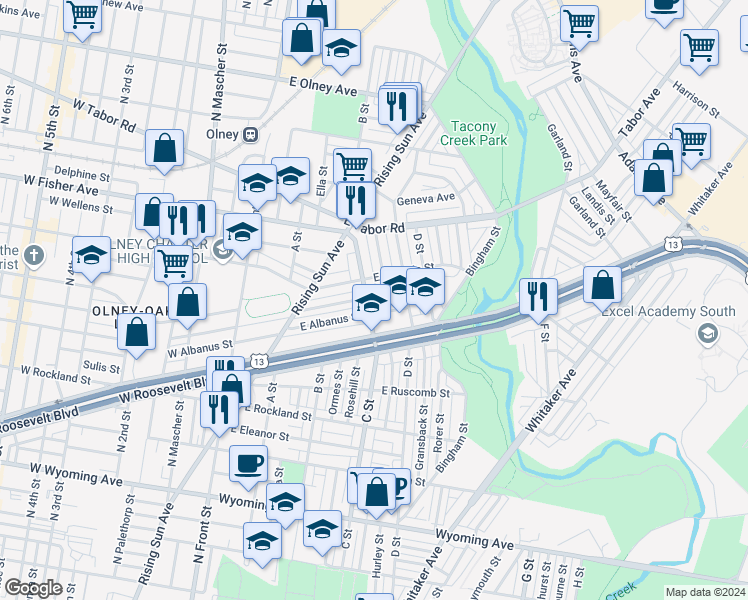 map of restaurants, bars, coffee shops, grocery stores, and more near 5139 C Street in Philadelphia