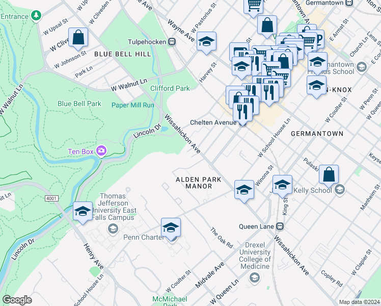 map of restaurants, bars, coffee shops, grocery stores, and more near 5720 Wissahickon Avenue in Philadelphia
