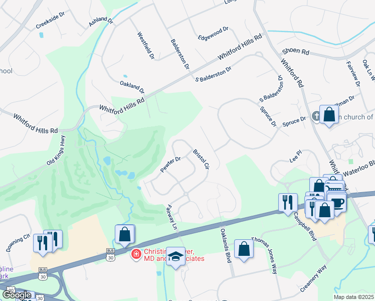 map of restaurants, bars, coffee shops, grocery stores, and more near 521 Pewter Drive in Exton