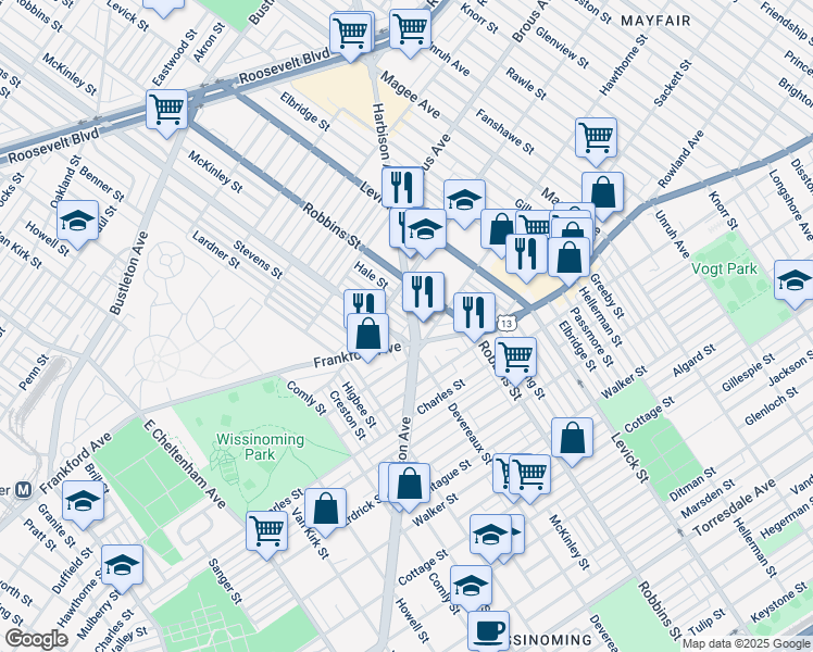 map of restaurants, bars, coffee shops, grocery stores, and more near 3034 McKinley Street in Philadelphia