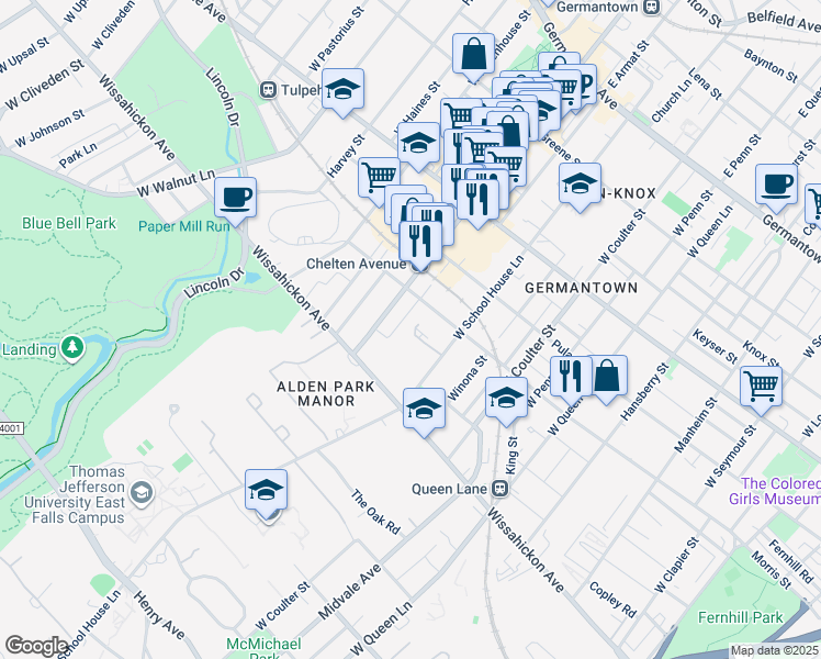map of restaurants, bars, coffee shops, grocery stores, and more near 421 West School House Lane in Philadelphia