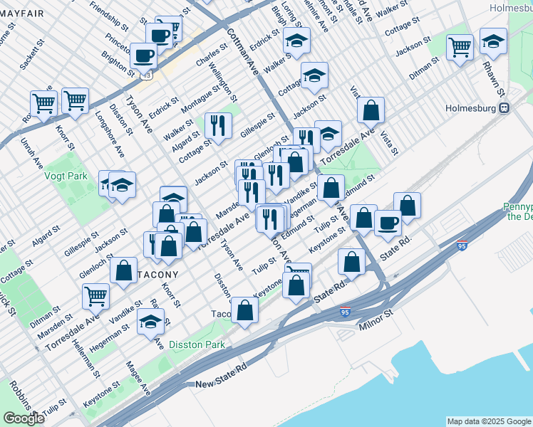 map of restaurants, bars, coffee shops, grocery stores, and more near 7112 Vandike Street in Philadelphia