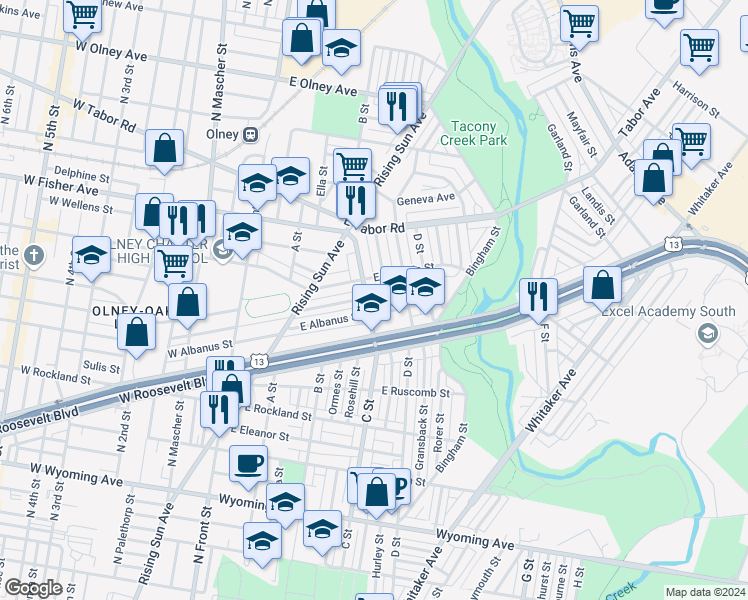 map of restaurants, bars, coffee shops, grocery stores, and more near 5139 C Street in Philadelphia