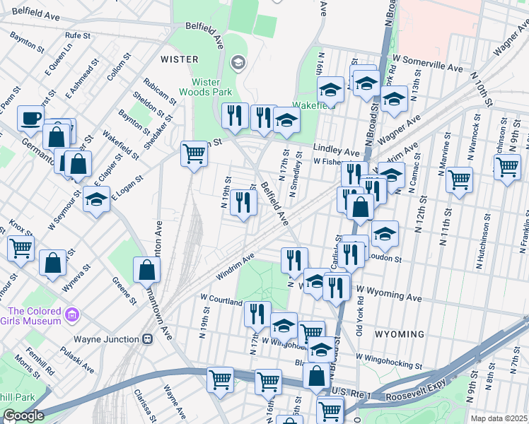 map of restaurants, bars, coffee shops, grocery stores, and more near 4849 North Bouvier Street in Philadelphia