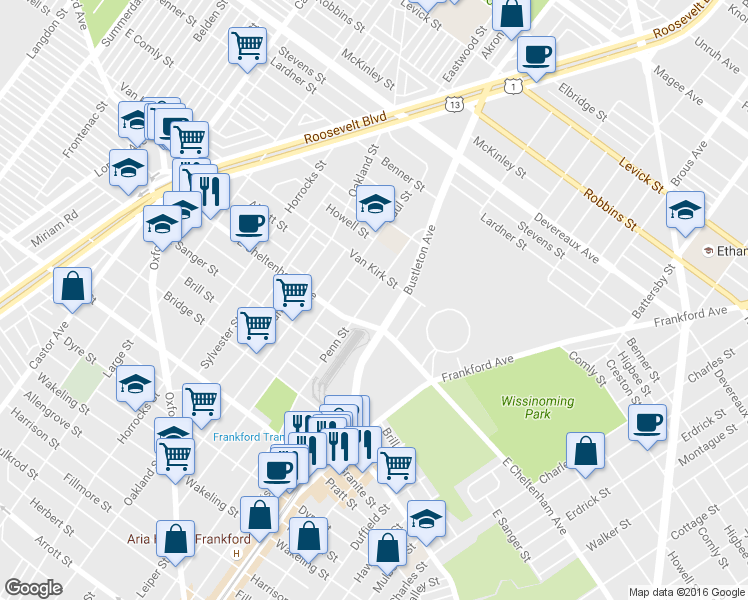 map of restaurants, bars, coffee shops, grocery stores, and more near 5831 Penn Street in Philadelphia