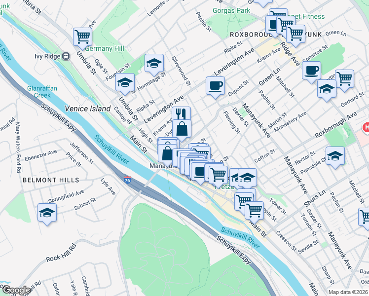 map of restaurants, bars, coffee shops, grocery stores, and more near 149 Green Lane in Philadelphia