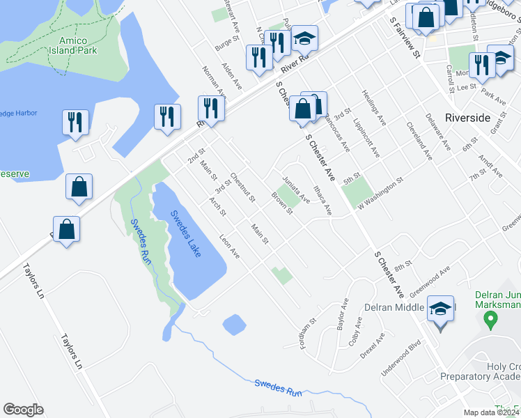 map of restaurants, bars, coffee shops, grocery stores, and more near 399 Chestnut Street in Delran