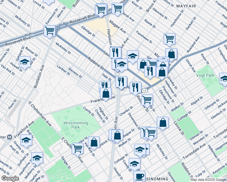 map of restaurants, bars, coffee shops, grocery stores, and more near 3021 Devereaux Avenue in Philadelphia