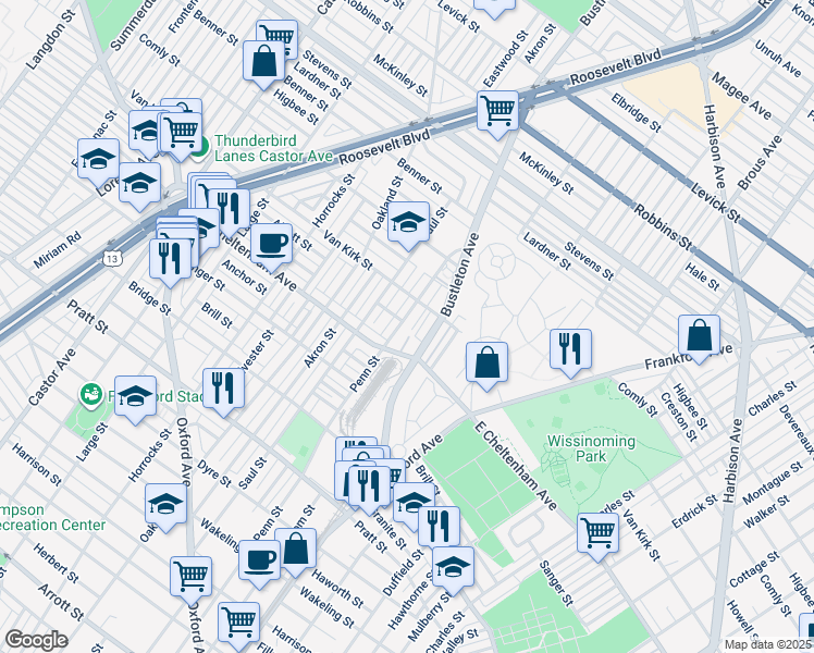 map of restaurants, bars, coffee shops, grocery stores, and more near 5831 Penn Street in Philadelphia