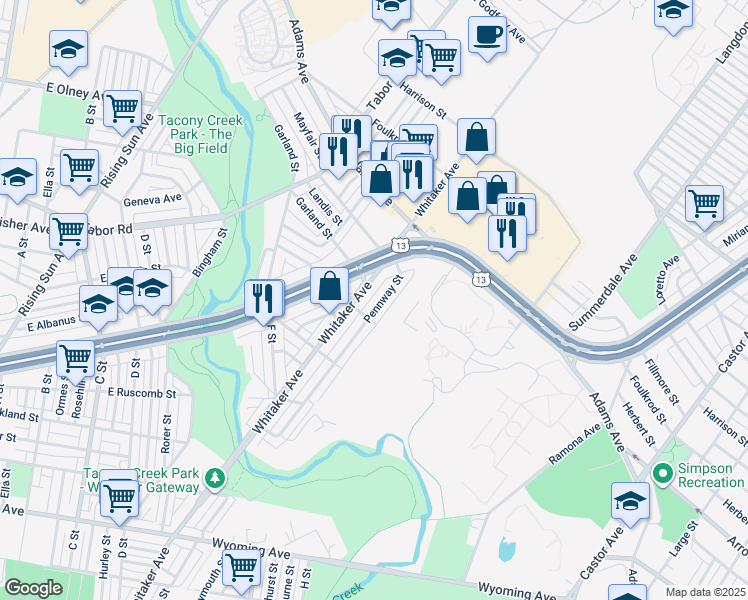 map of restaurants, bars, coffee shops, grocery stores, and more near 5222 Pennway Street in Philadelphia