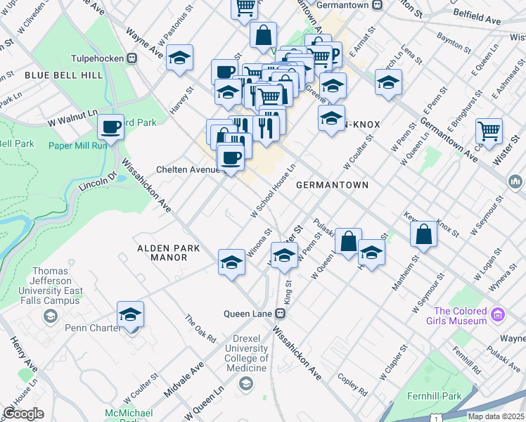 map of restaurants, bars, coffee shops, grocery stores, and more near 328 West School House Lane in Philadelphia