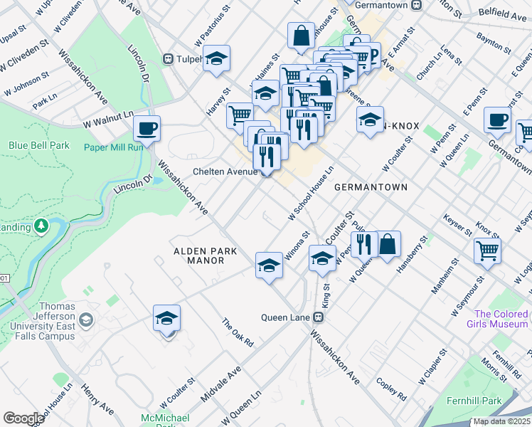 map of restaurants, bars, coffee shops, grocery stores, and more near 421 West School House Lane in Philadelphia