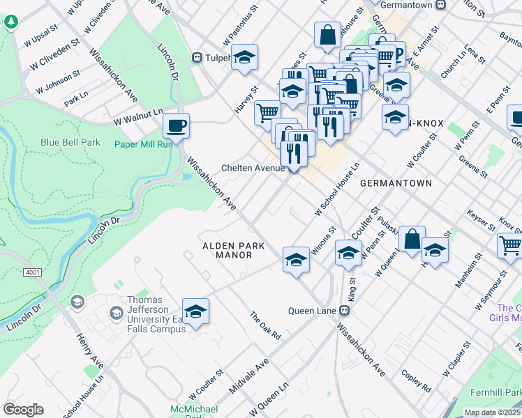 map of restaurants, bars, coffee shops, grocery stores, and more near 515 West Chelten Avenue in Philadelphia