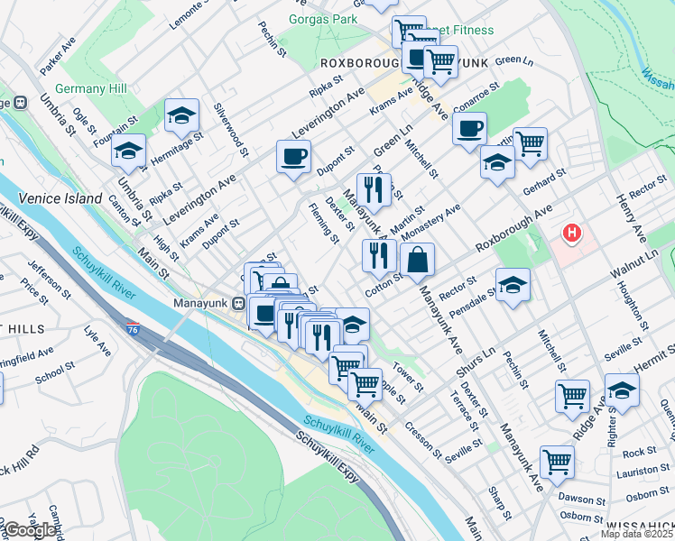 map of restaurants, bars, coffee shops, grocery stores, and more near 245 Lyceum Avenue in Philadelphia