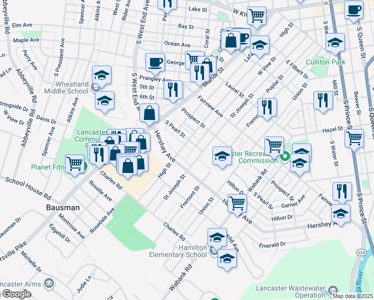map of restaurants, bars, coffee shops, grocery stores, and more near 1026 High Street in Lancaster